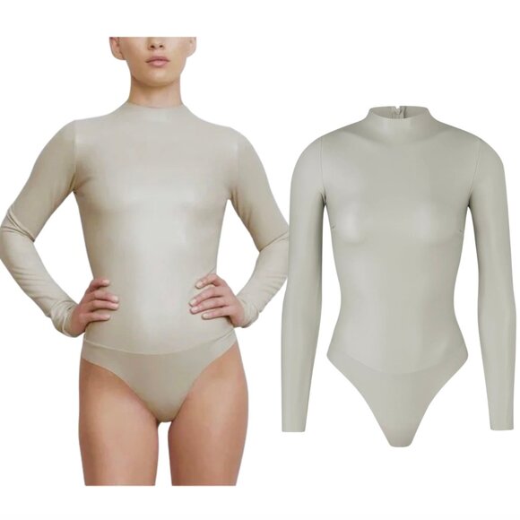 SKIMS Faux Leather mock neck bodysuit NWT sz S Shell - Picture 1 of 10